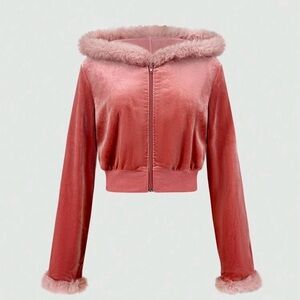 Women's Pink Faux Fur Trim Jacket
